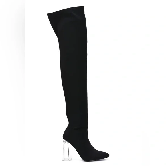 Black High Knee Clear Heeled Boot - Picture 3 of 6